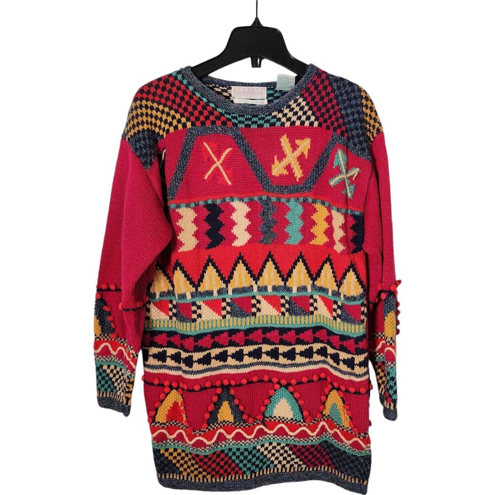 Vintage Pink Geometric Abstract Tunic Length Sweater with 3D Baubles Artsy Sz M